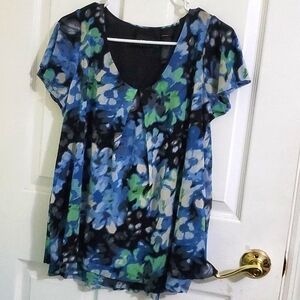 Axcess Floral Flutter Sleeves Overlayed Flowy Modest Office Top L